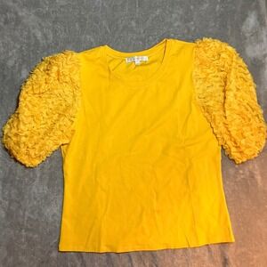 Anthropologie Flat White Women Yellow Puff Sleeve Textured Top L Luxury Flirty